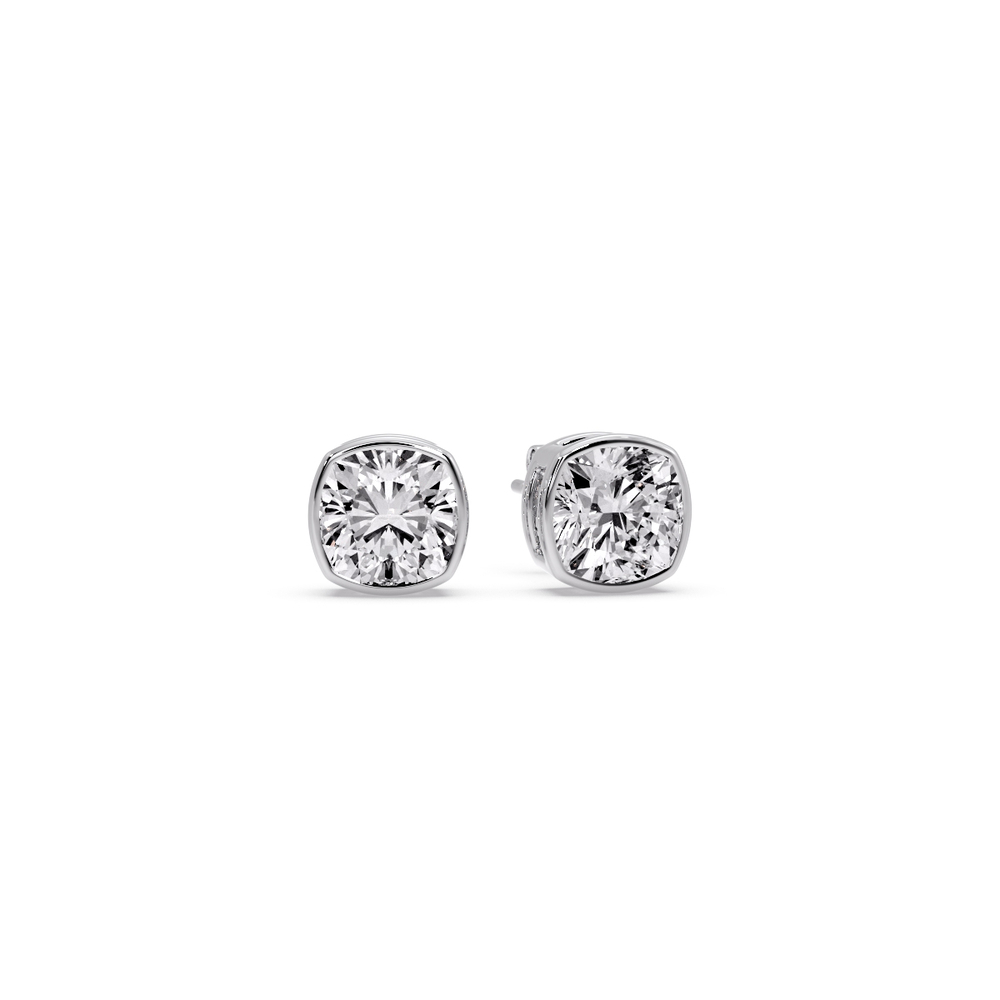 0.75 Ct. Cushion Cut Diamond Bezel Stud Earring with 14K White Gold White Diamond