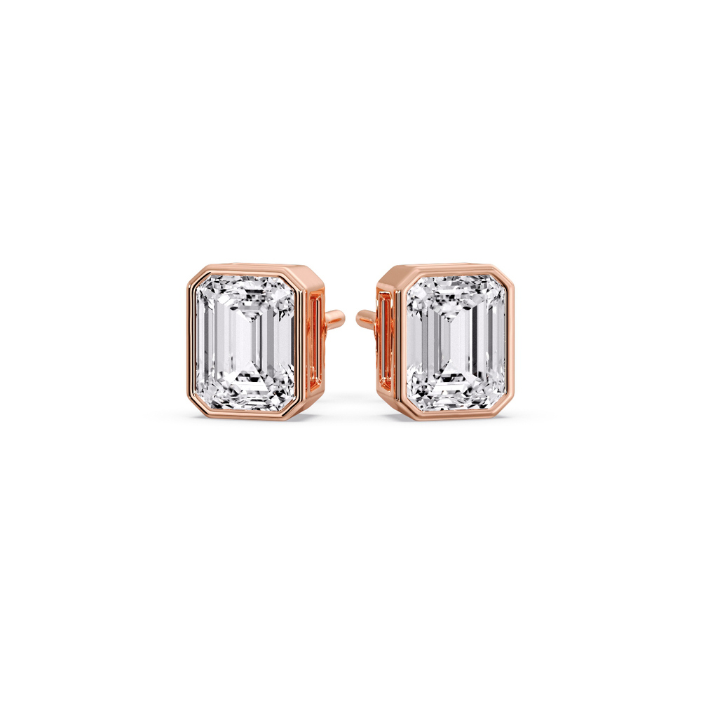 1.50 Carat Bezel Stud Earring Emerald Diamond with 14K Rose Gold White Diamond