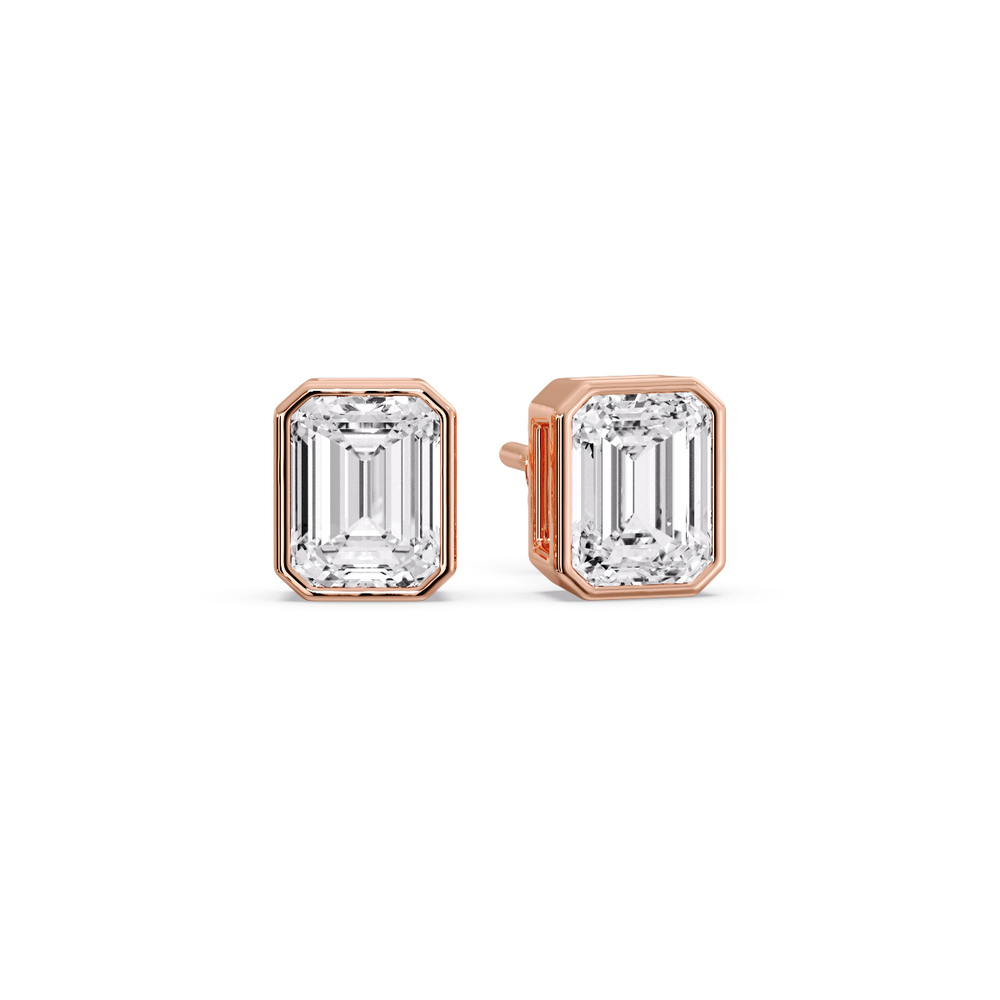 1.50 Carat Bezel Stud Earring Emerald Diamond with 14K Rose Gold White Diamond