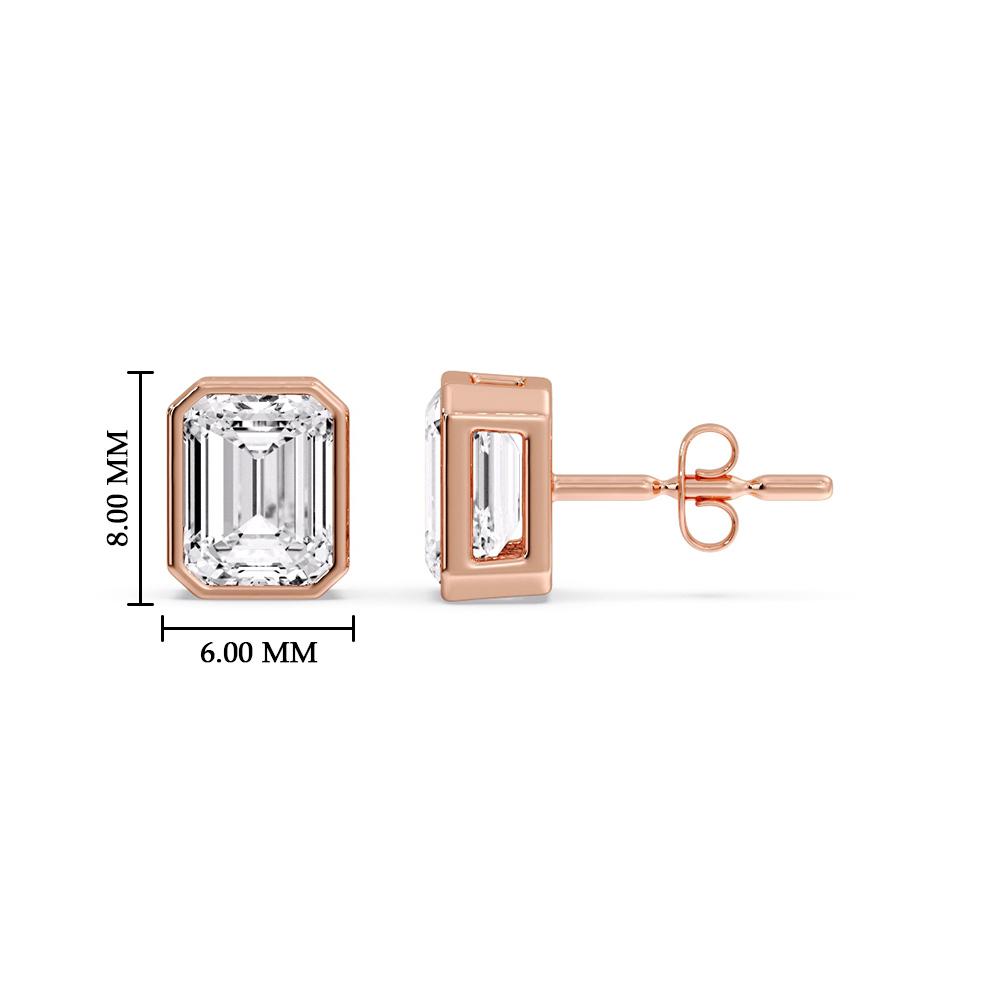 1.50 Carat Bezel Stud Earring Emerald Diamond with 14K Rose Gold White Diamond
