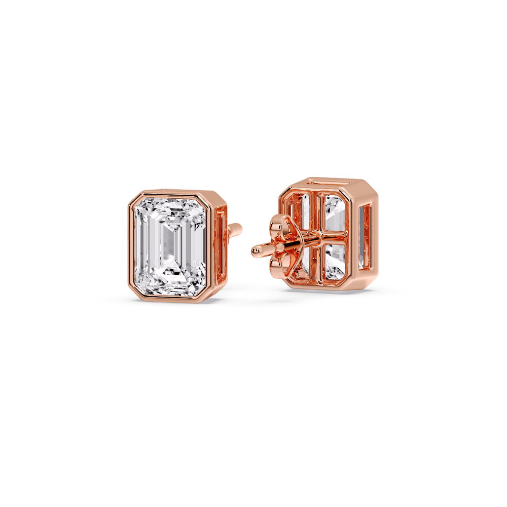 1.50 Carat Bezel Stud Earring Emerald Diamond with 14K Rose Gold White Diamond