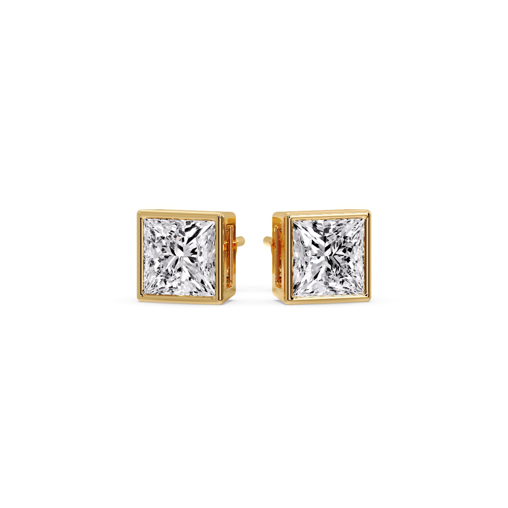 Square Bezel Stud Earring with 14K Yellow Gold White Diamond
