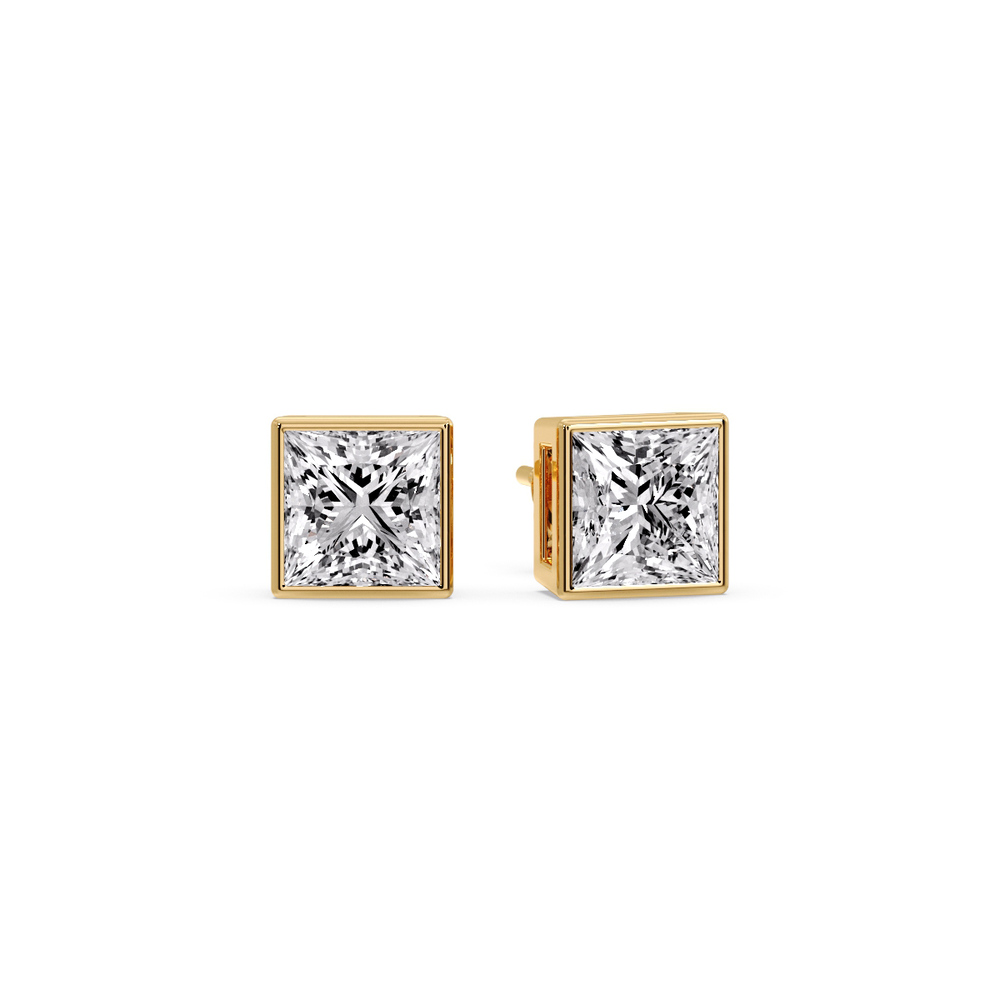 Square Bezel Stud Earring with 14K Yellow Gold White Diamond