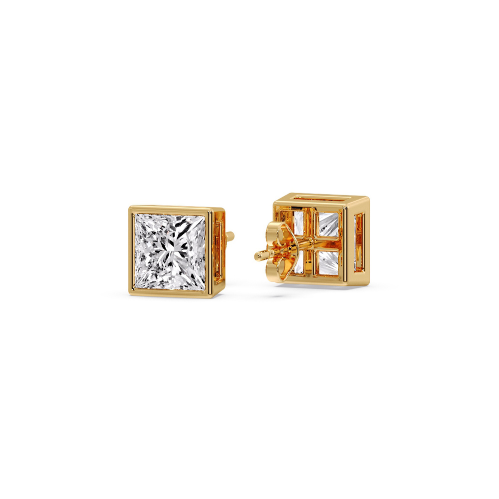 Square Bezel Stud Earring with 14K Yellow Gold White Diamond