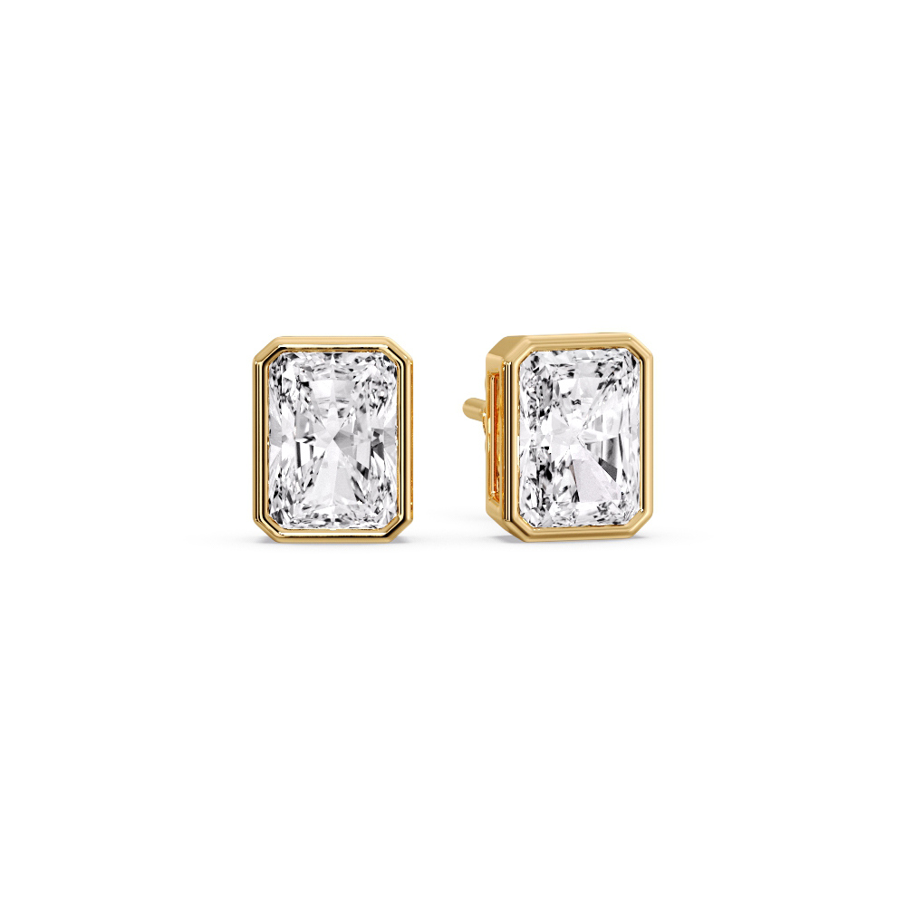 Stunning Radiant Cut Bezel Stud Earrings with 14K Yellow Gold White Diamond