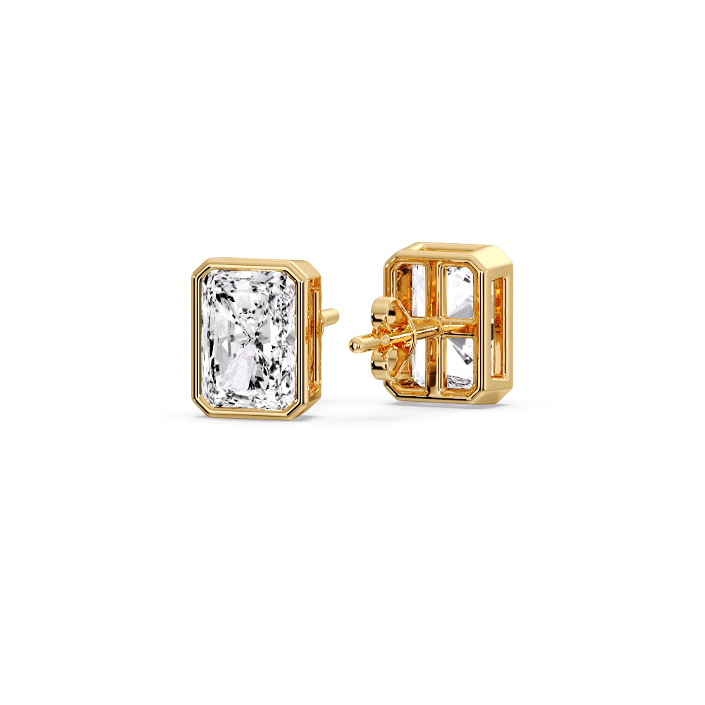Stunning Radiant Cut Bezel Stud Earrings with 14K Yellow Gold White Diamond