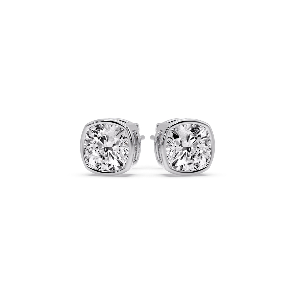 2 Carat Bezel Stud Earring Cushion Diamond with 14K White Gold White Diamond