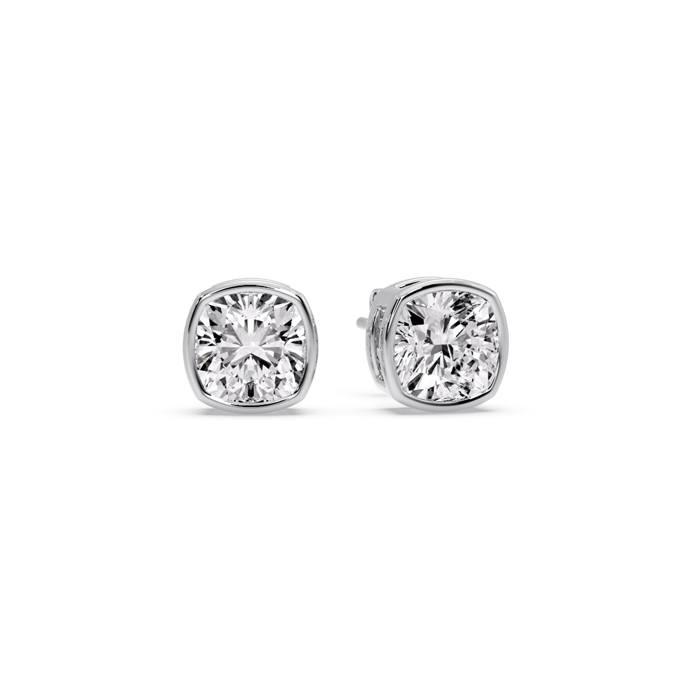 2 Carat Bezel Stud Earring Cushion Diamond with 14K White Gold White Diamond