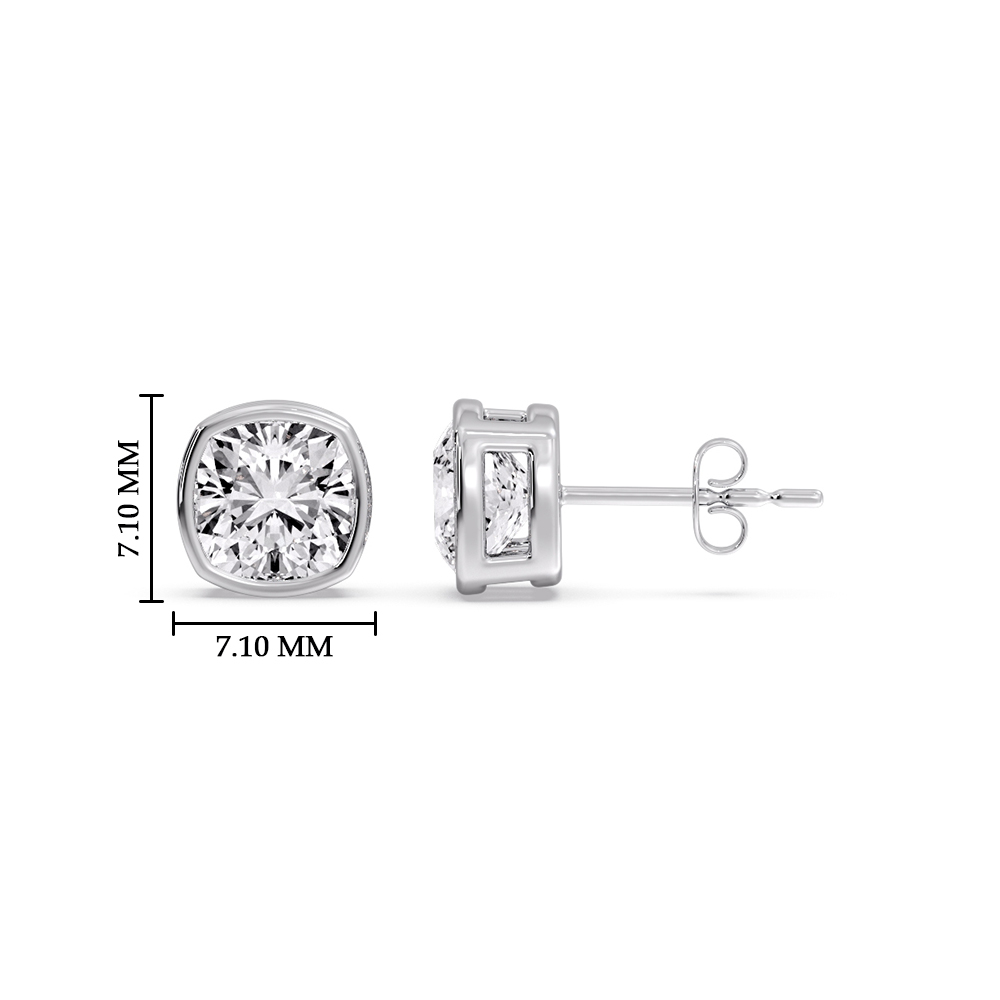 2 Carat Bezel Stud Earring Cushion Diamond with 14K White Gold White Diamond