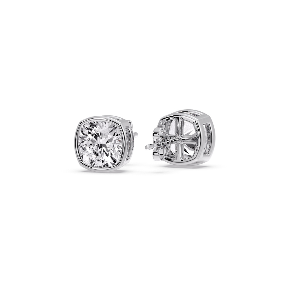 2 Carat Bezel Stud Earring Cushion Diamond with 14K White Gold White Diamond