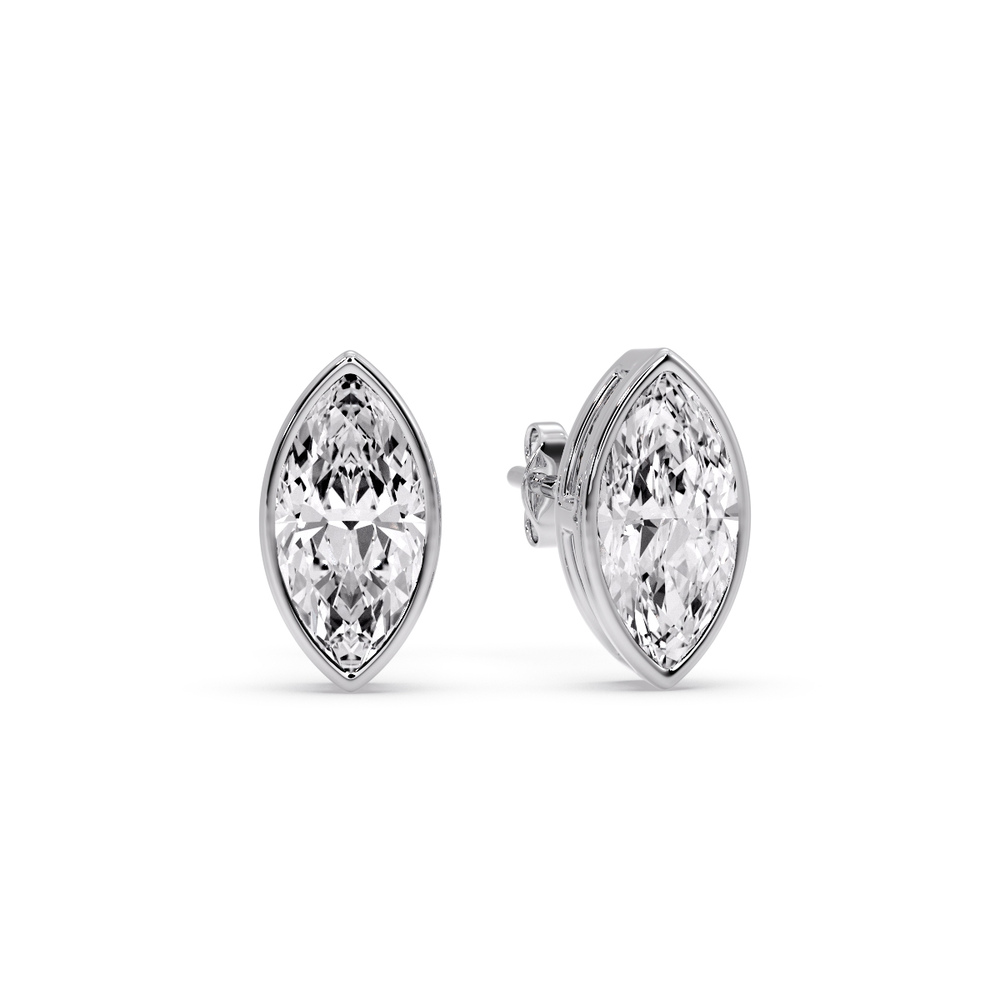 2 Carat Bezel Stud Earring Marquise Diamond with 14K White Gold White Diamond