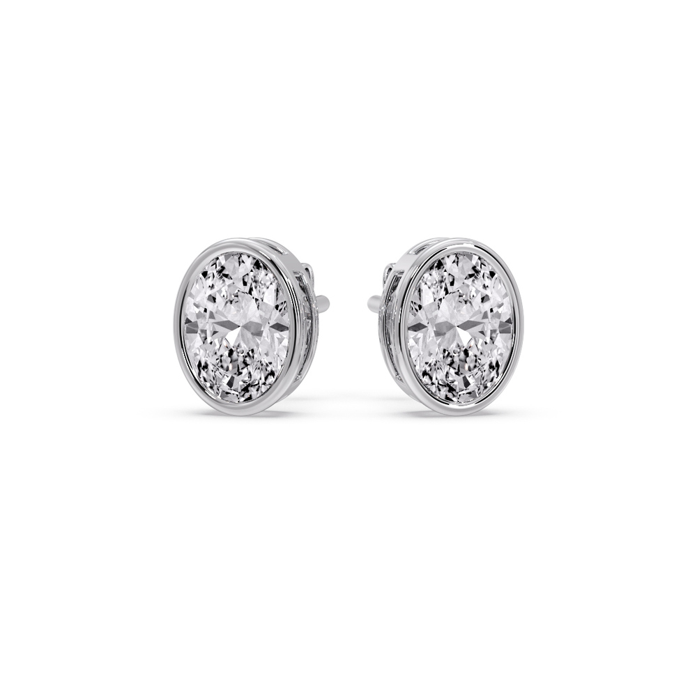 2 Carat Bezel Stud Earring Oval Diamond with 14K White Gold White Diamond