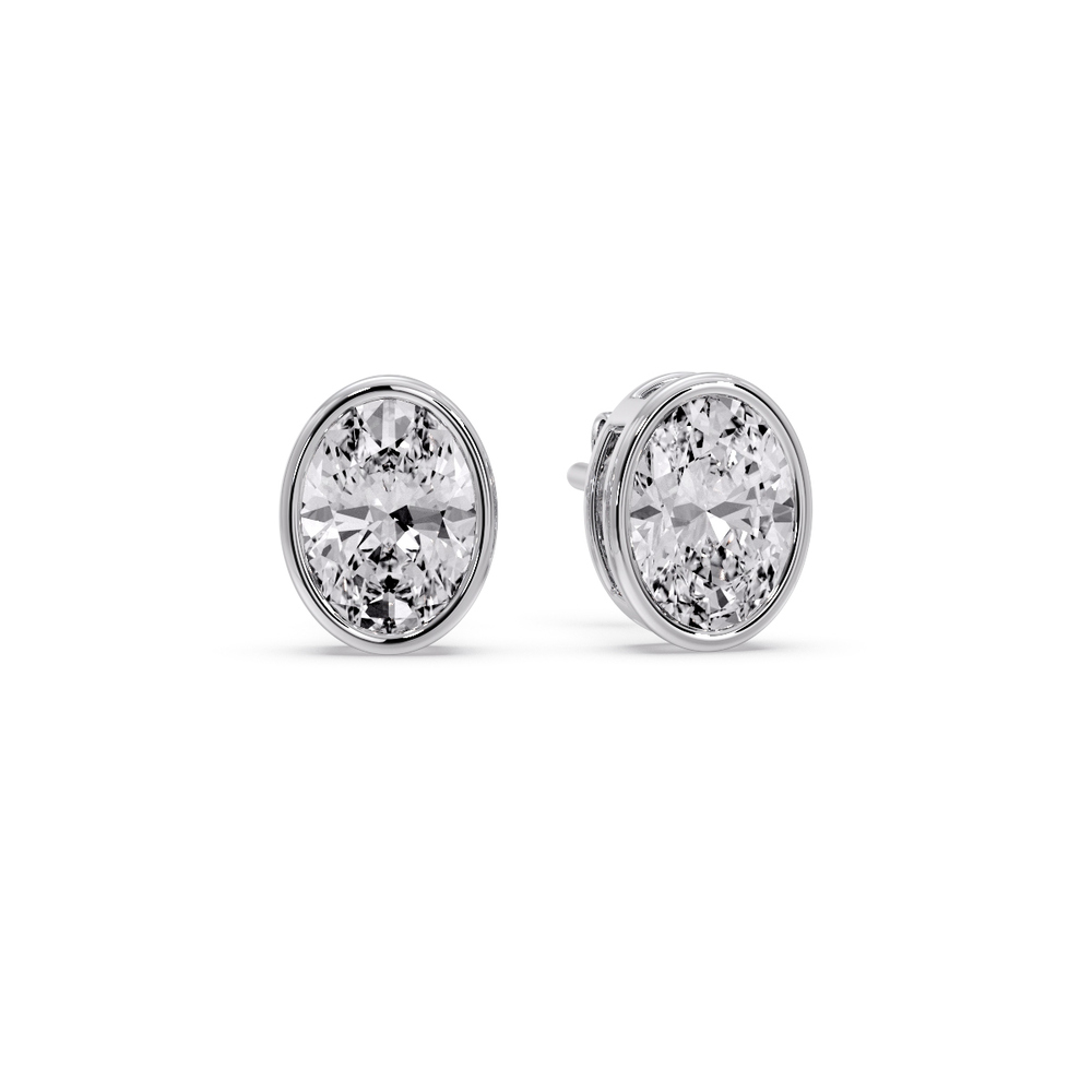 2 Carat Bezel Stud Earring Oval Diamond with 14K White Gold White Diamond