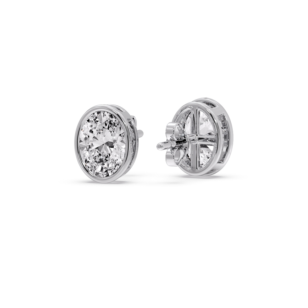 2 Carat Bezel Stud Earring Oval Diamond with 14K White Gold White Diamond