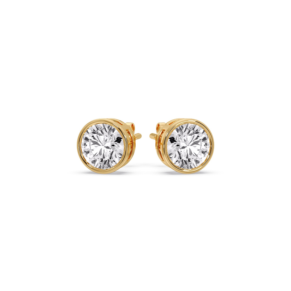2 Carat Round Stud Bezel Set Earring with 14K Yellow Gold White Diamond