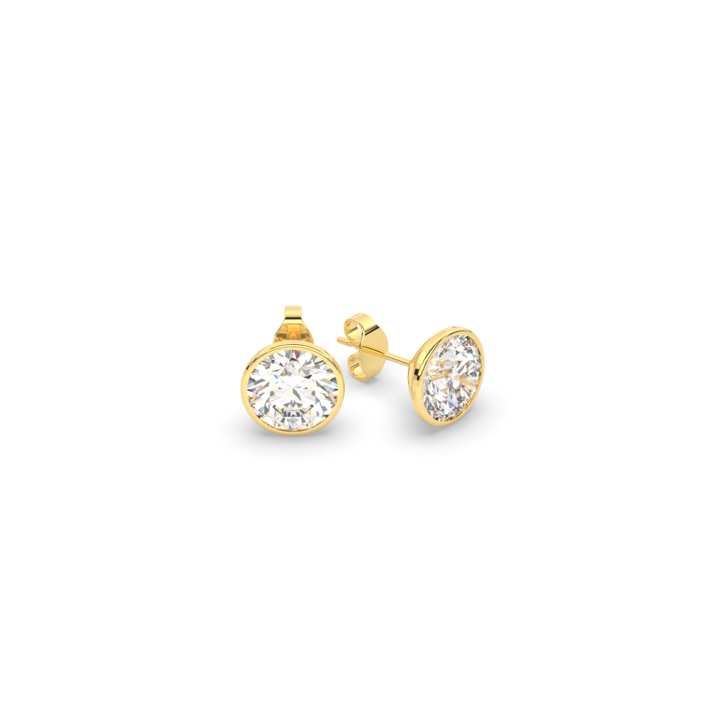 2 Carat Round Lab Diamond Stud Bezel Set Earring with 14K Yellow Gold White Diamond