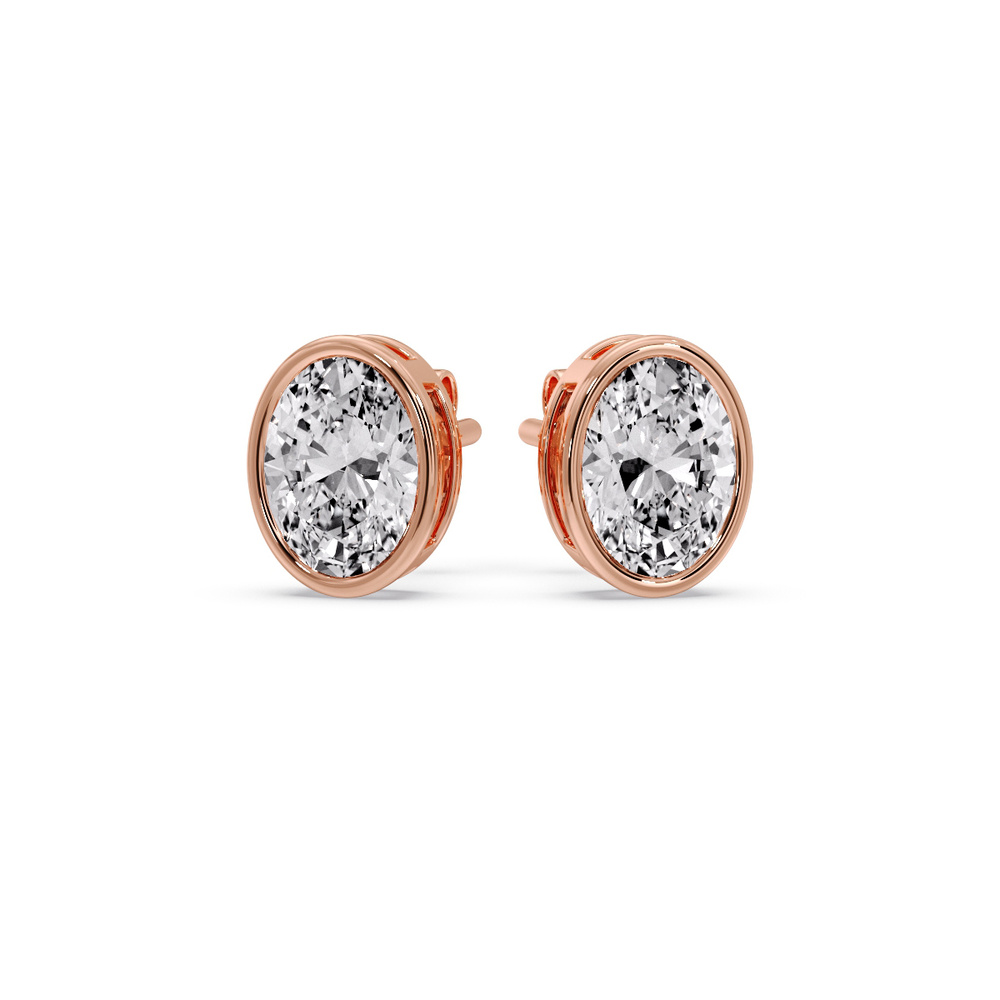 2.50 Ct. Oval Shaped Diamond Bezel Stud Earring with 14K Rose Gold White Diamond