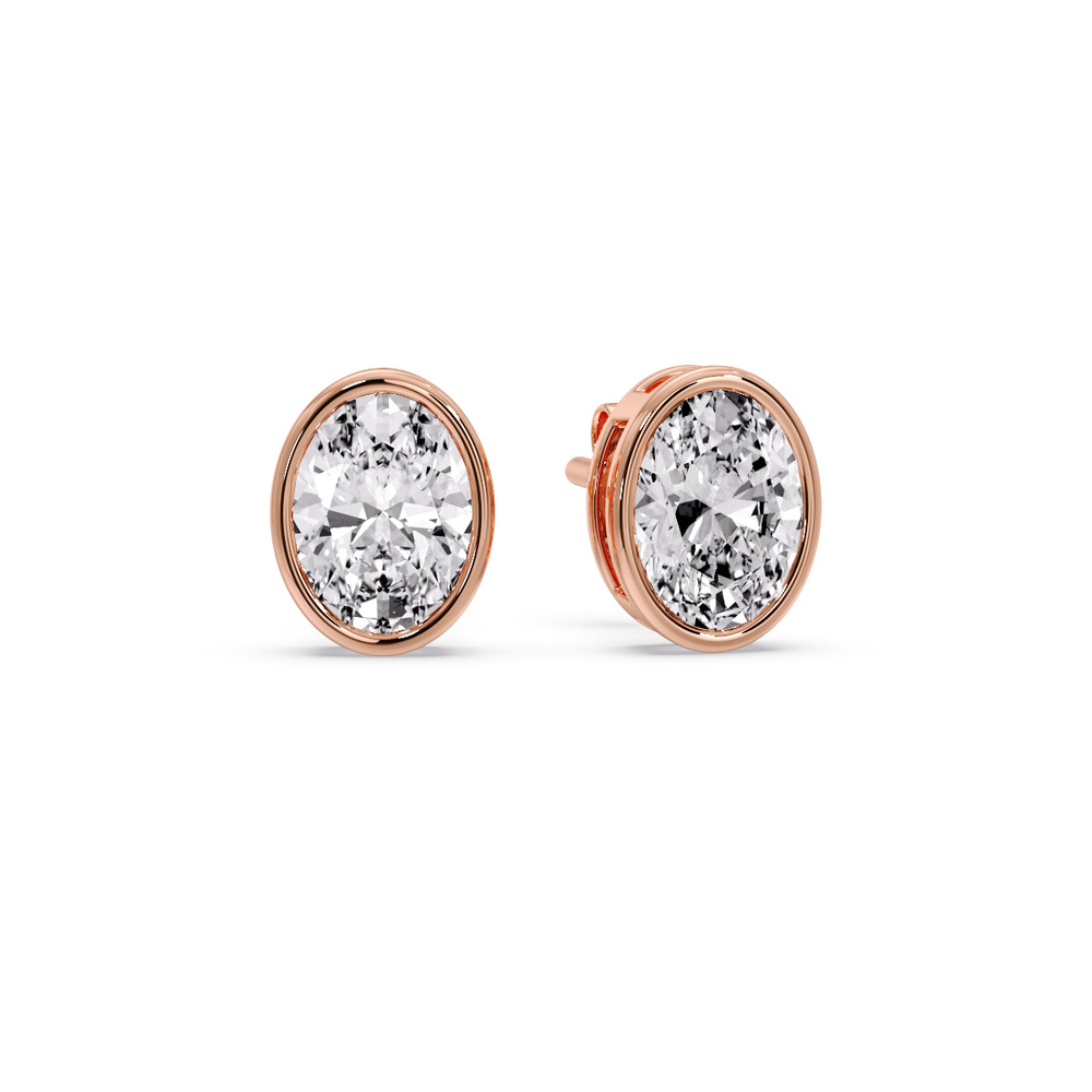 2.50 Ct. Oval Shaped Diamond Bezel Stud Earring with 14K Rose Gold White Diamond