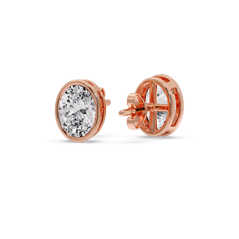 2.50 Ct. Oval Shaped Diamond Bezel Stud Earring with 14K Rose Gold White Diamond