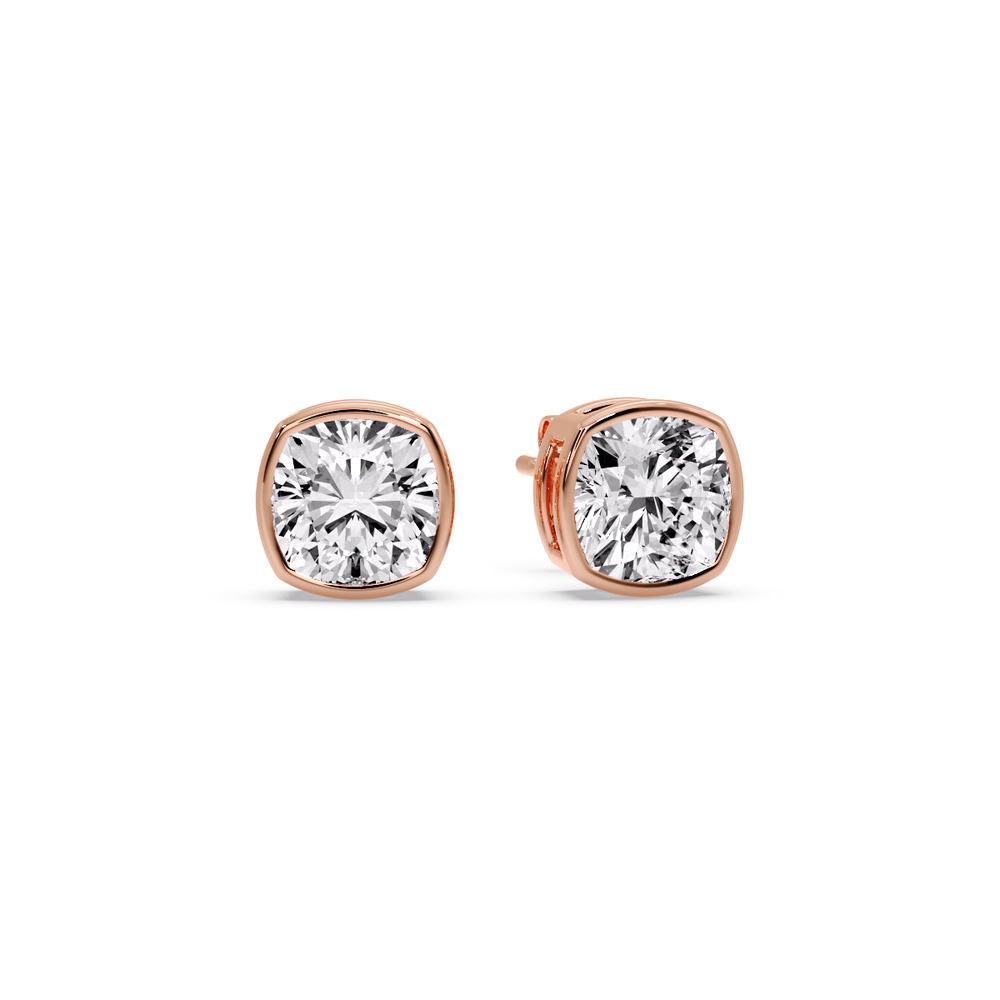 2.50 Ct. Cushion Cut Diamond Bezel Stud Earring with 14K Rose Gold White Diamond