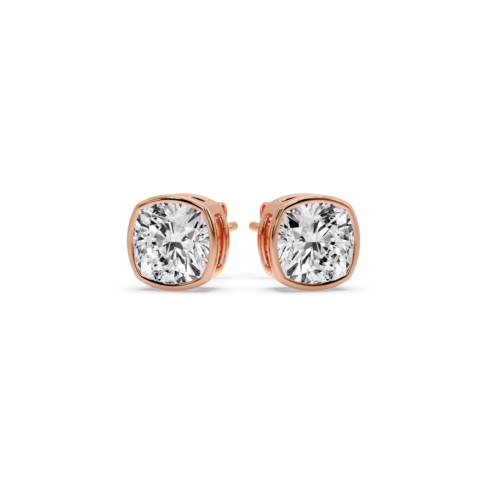 2.50 Ct. Cushion Cut Diamond Bezel Stud Earring with 14K Rose Gold White Diamond