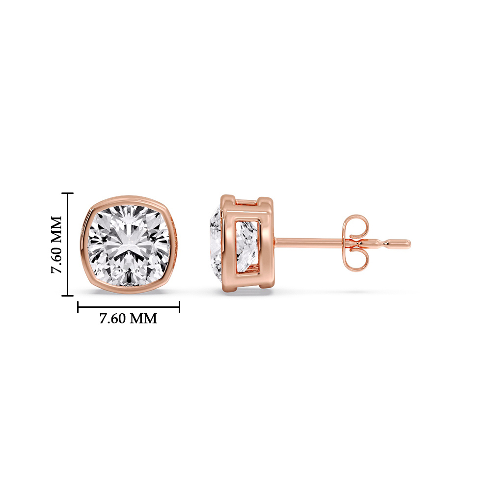 2.50 Ct. Cushion Cut Diamond Bezel Stud Earring with 14K Rose Gold White Diamond