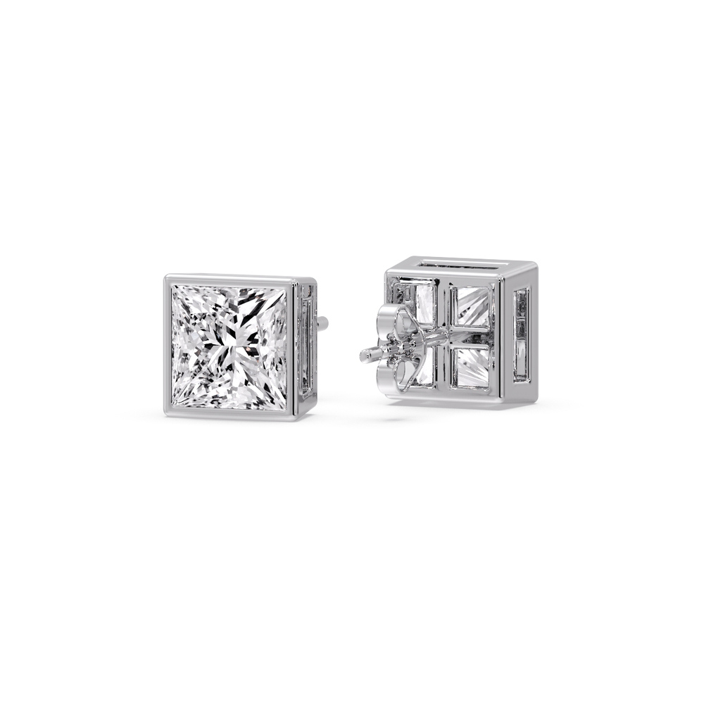 Chic Bezel Stud Earrings with 14K White Gold White Diamond
