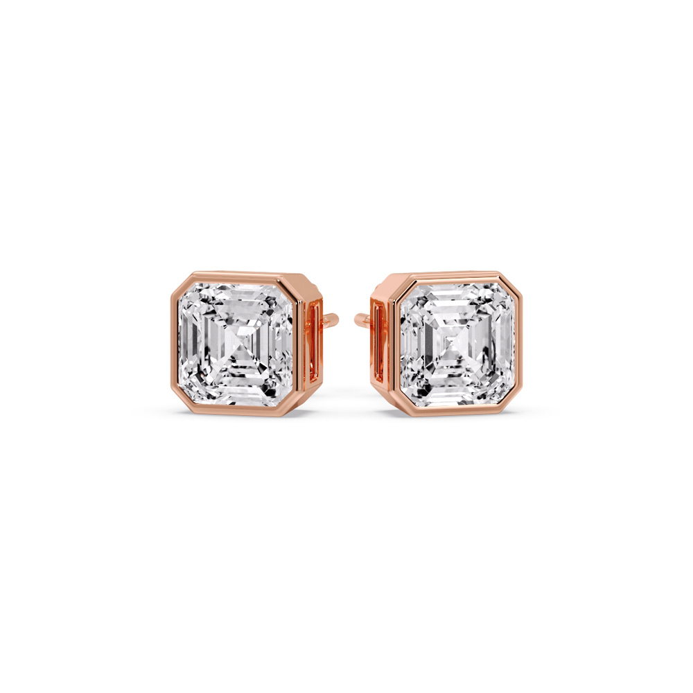 4 Carat Asscher Cut Diamond Bezel Stud Earring with 14K Rose Gold White Diamond