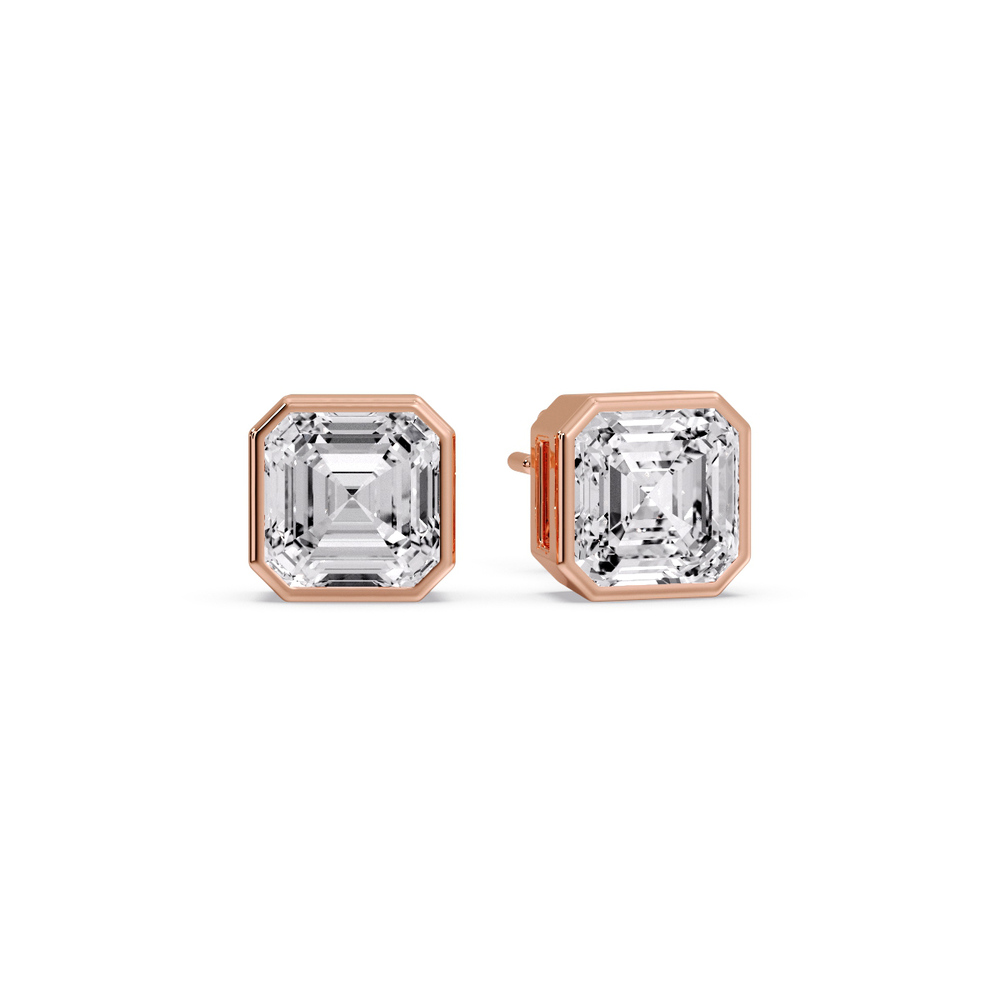4 Carat Asscher Cut Diamond Bezel Stud Earring with 14K Rose Gold White Diamond
