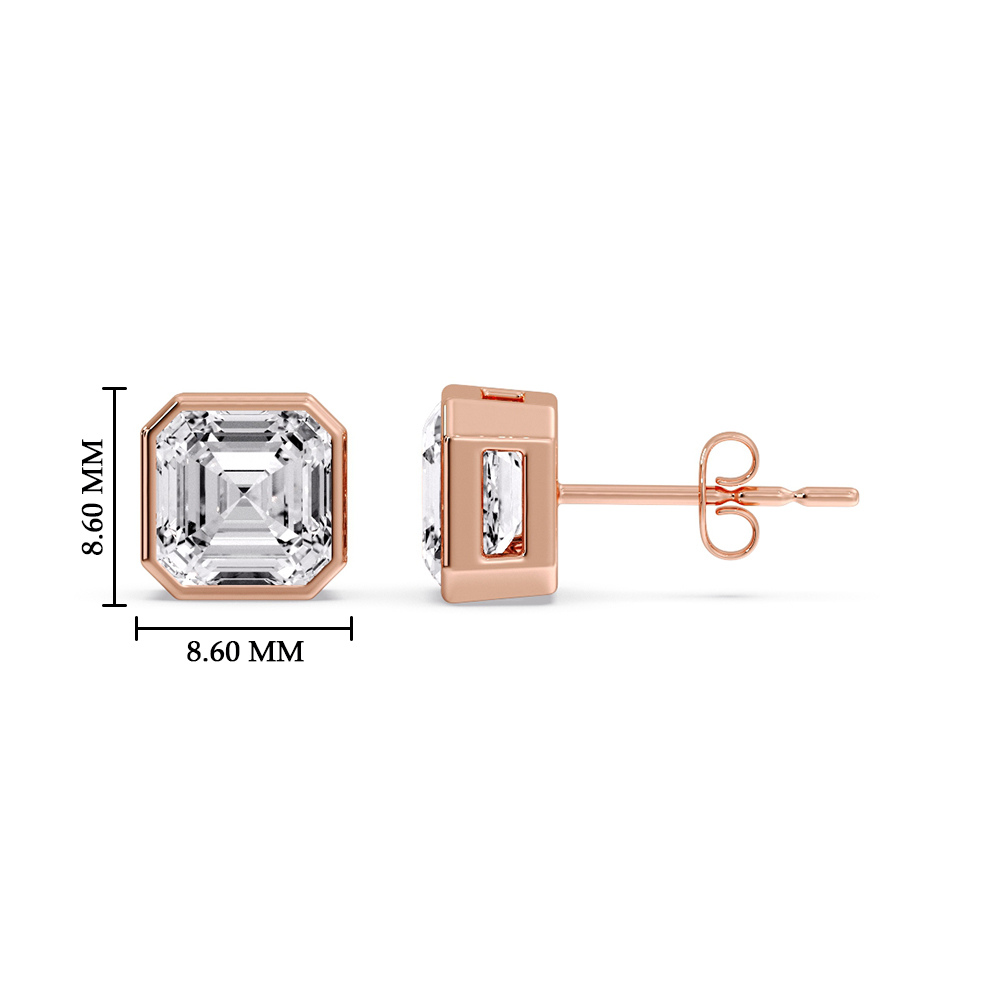 4 Carat Asscher Cut Diamond Bezel Stud Earring with 14K Rose Gold White Diamond