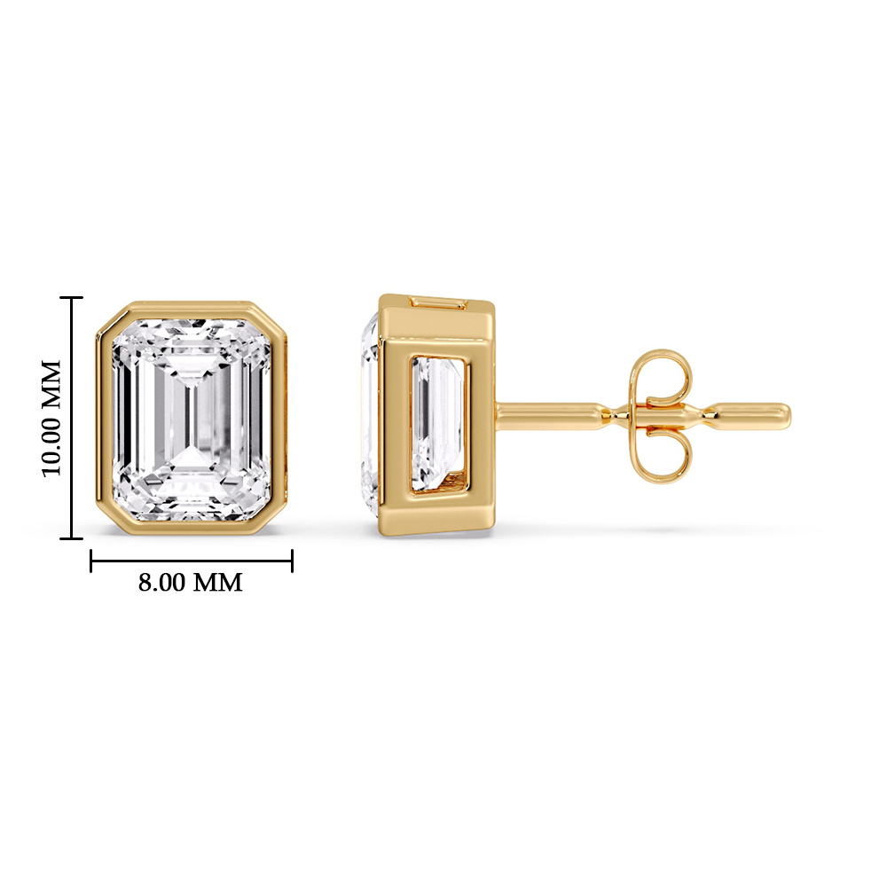 4 Carat Bezel Stud Earring Emerald Diamond with 14K Yellow Gold White Diamond