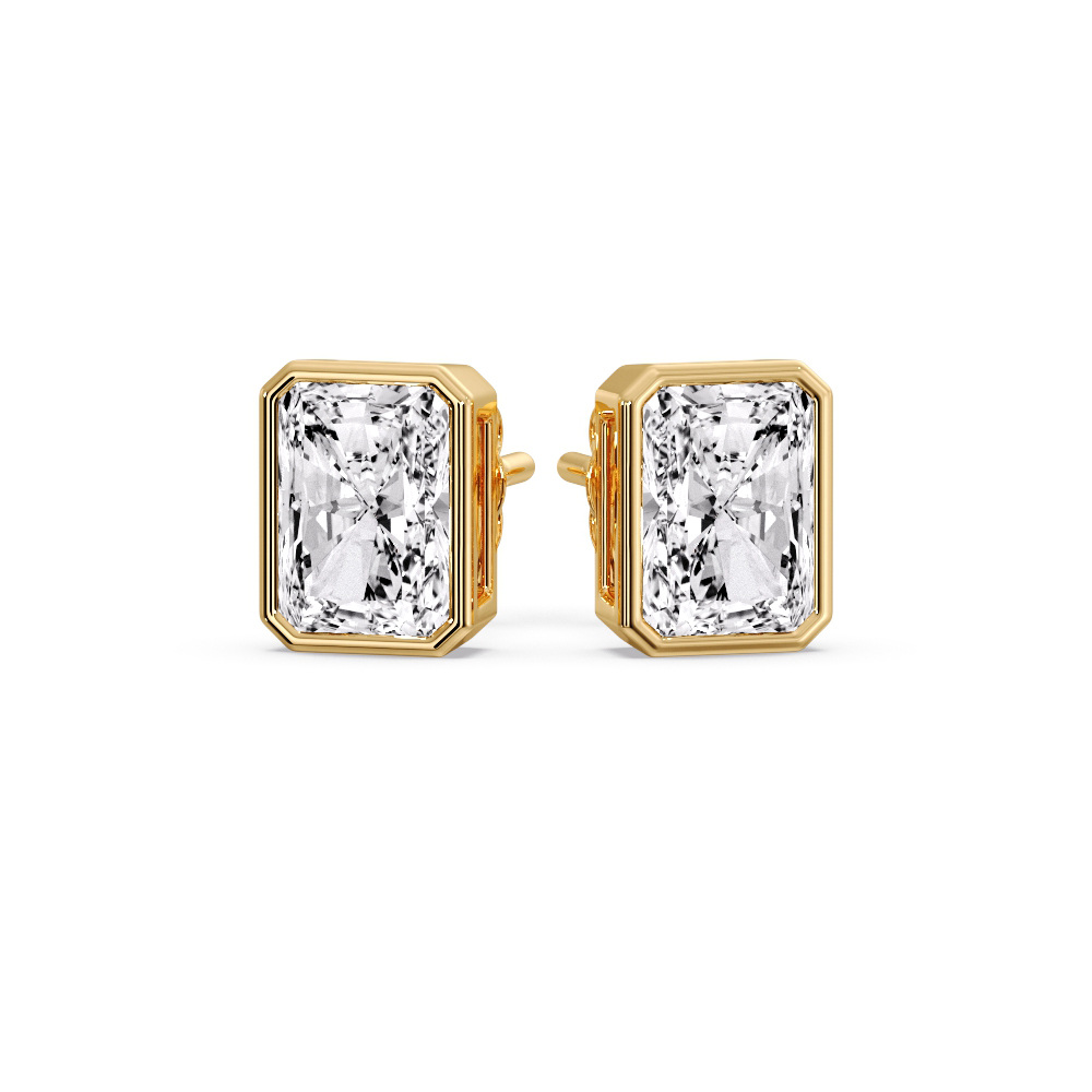 Luxurious Radiant Bezel Stud Earrings with 14K Yellow Gold White Diamond