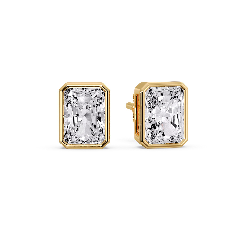 Luxurious Radiant Bezel Stud Earrings with 14K Yellow Gold White Diamond