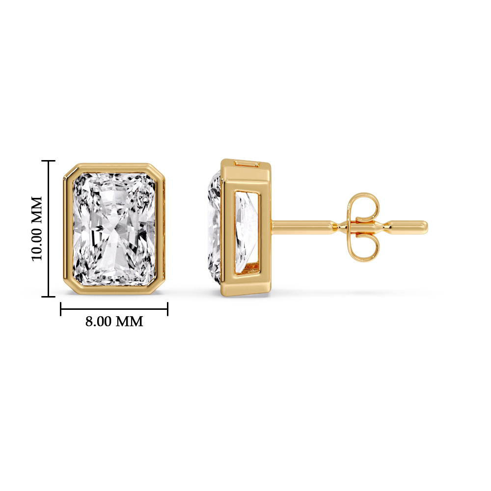 Luxurious Radiant Bezel Stud Earrings with 14K Yellow Gold White Diamond
