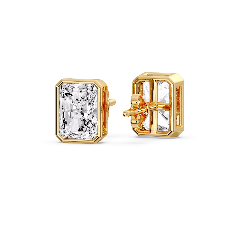 Luxurious Radiant Bezel Stud Earrings with 14K Yellow Gold White Diamond
