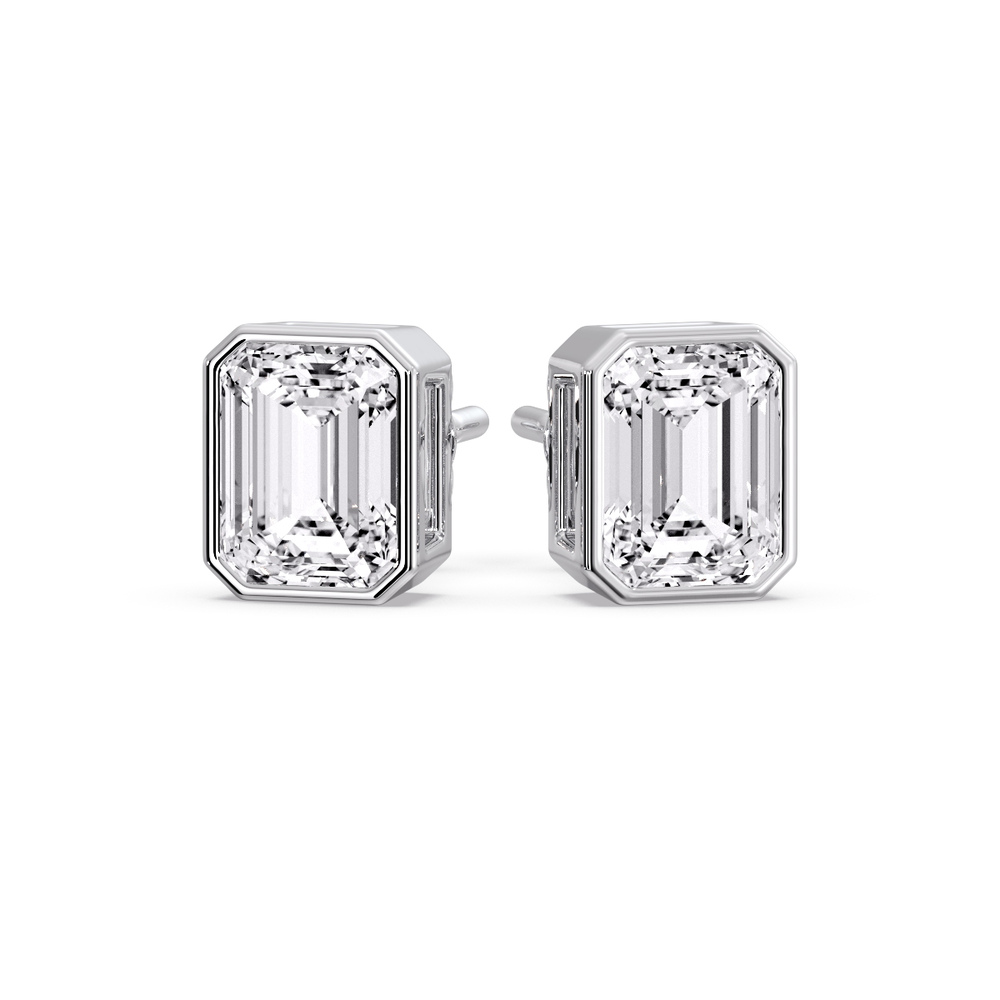 5 Carat Bezel Stud Earring Emerald Diamond with 14K White Gold White Diamond