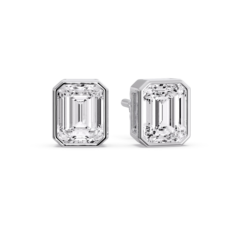 5 Carat Bezel Stud Earring Emerald Diamond with 14K White Gold White Diamond