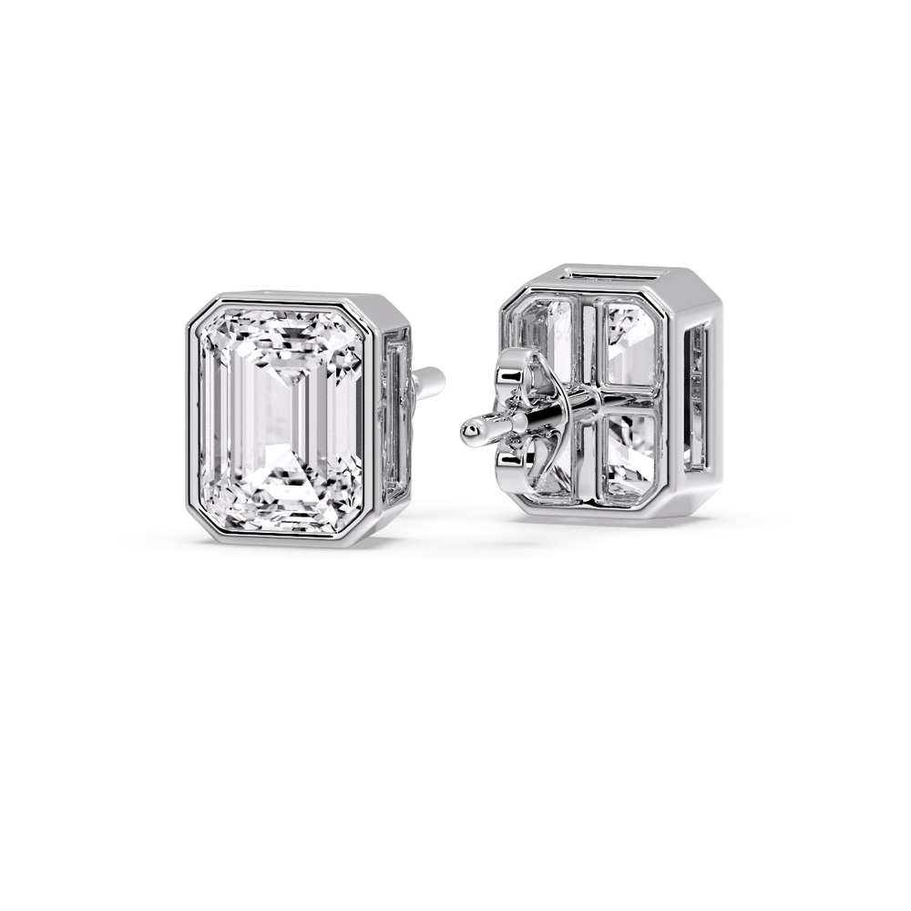 5 Carat Bezel Stud Earring Emerald Diamond with 14K White Gold White Diamond