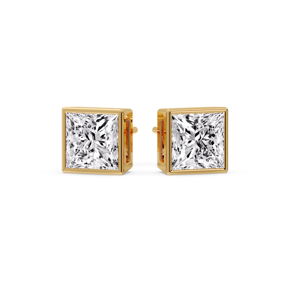 Princess Bezel Earrings for Her with 14K Yellow Gold White Diamond