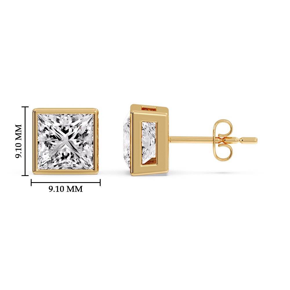 Princess Bezel Earrings for Her with 14K Yellow Gold White Diamond