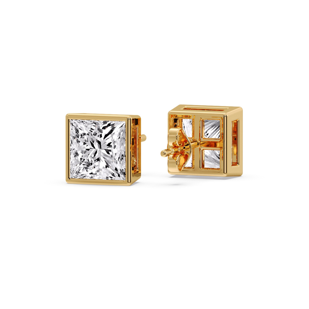 Princess Bezel Earrings for Her with 14K Yellow Gold White Diamond