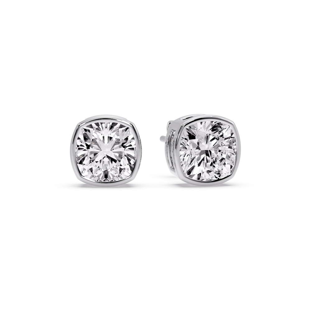 5 Ct. Cushion Cut Diamond Bezel Stud Earring with 14K White Gold White Diamond