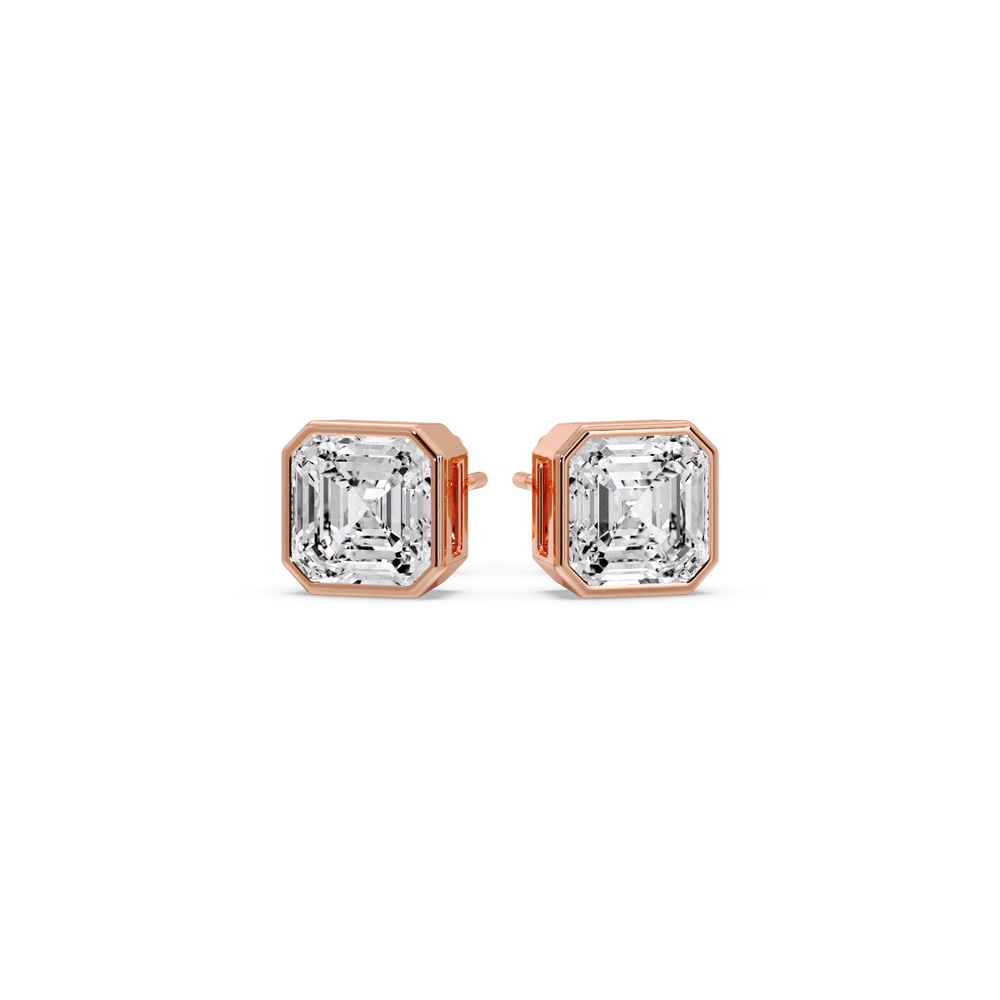 Asscher Cut Diamond Bezel Stud Earring 1.50 Ct with 14K Rose Gold White Diamond
