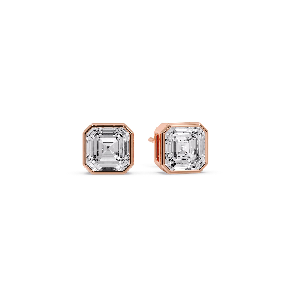 Asscher Cut Diamond Bezel Stud Earring 1.50 Ct with 14K Rose Gold White Diamond