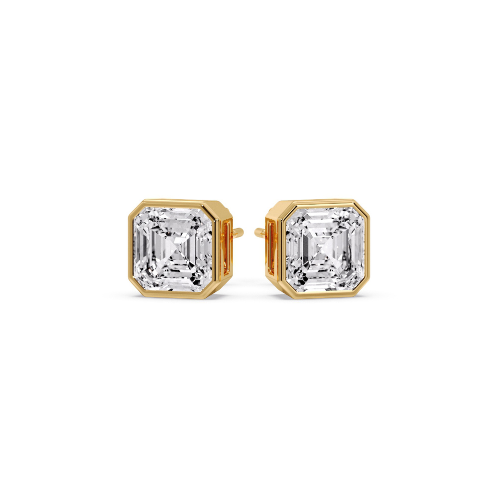 Asscher Cut Diamond Bezel Stud Earring 3 Carat with 14K Yellow Gold White Diamond