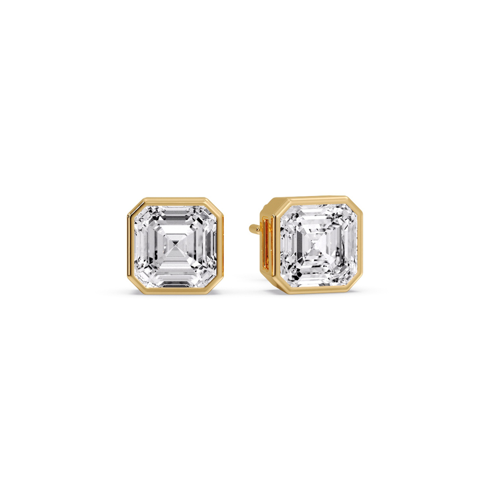 Asscher Cut Diamond Bezel Stud Earring 3 Carat with 14K Yellow Gold White Diamond