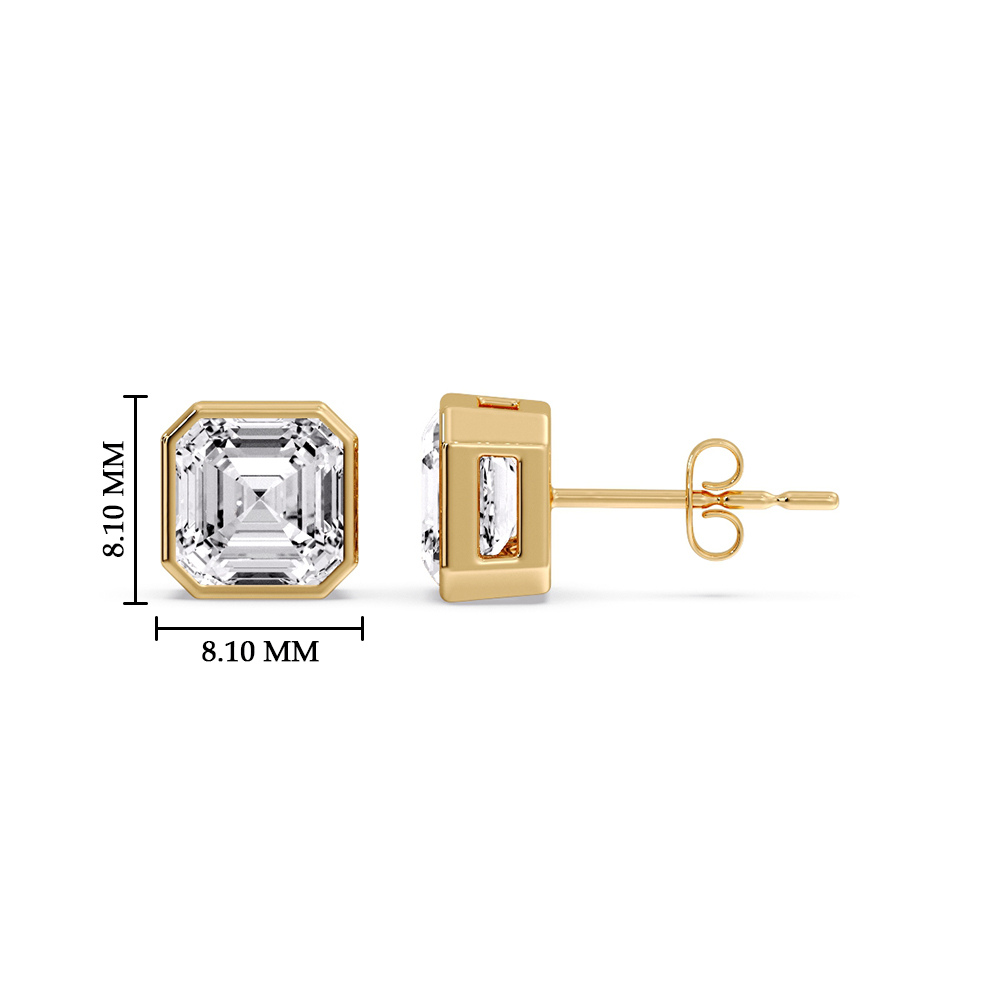 Asscher Cut Diamond Bezel Stud Earring 3 Carat with 14K Yellow Gold White Diamond