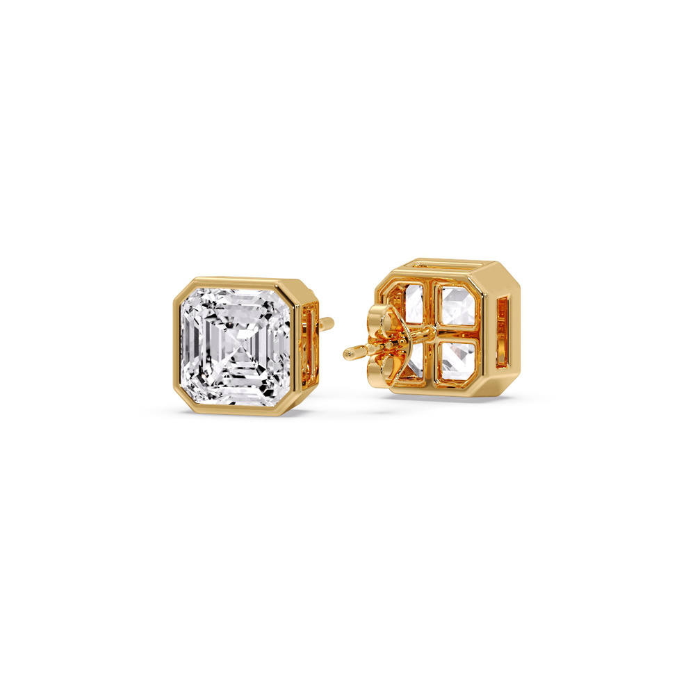 Asscher Cut Diamond Bezel Stud Earring 3 Carat with 14K Yellow Gold White Diamond
