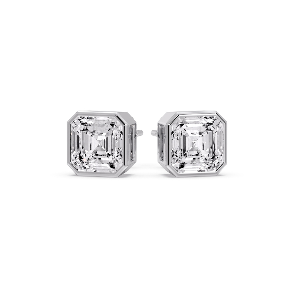 Asscher Cut Diamond Bezel Stud Earring 5 Carat with 14K White Gold White Diamond