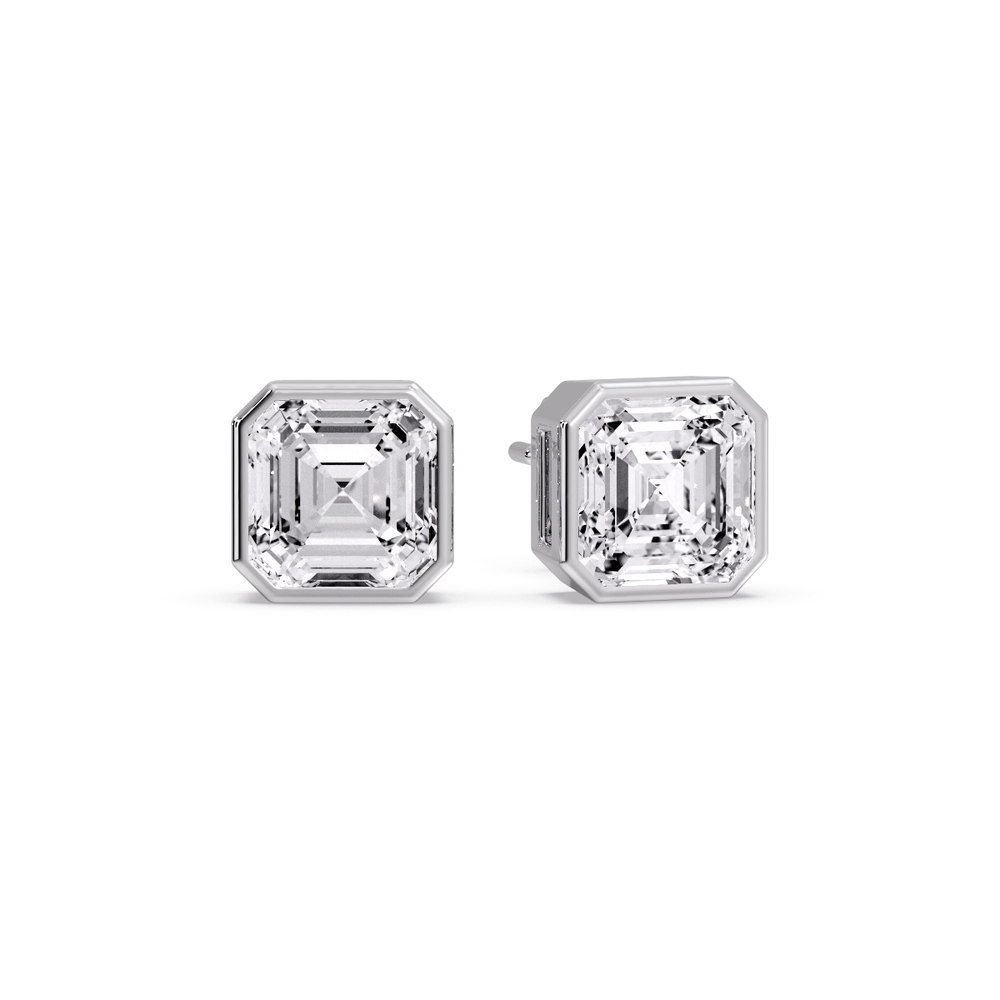 Asscher Cut Diamond Bezel Stud Earring 5 Carat with 14K White Gold White Diamond